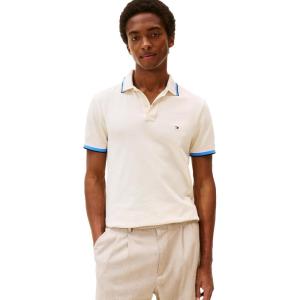 Tommy Hilfiger Mens Short Sleeve Casual Polo Shirts in Slim Fit with Stretch and Cuff Designs(Ivory Petal)