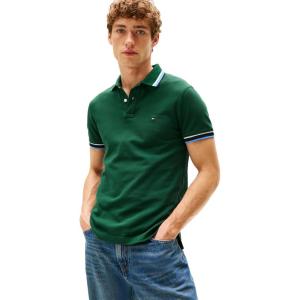 Tommy Hilfiger Mens Short Sleeve Casual Polo Shirts in Slim Fit with Stretch and Cuff Designs(Ornamental Green)