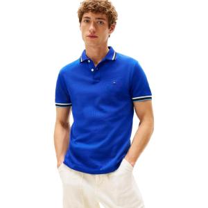 Tommy Hilfiger Mens Short Sleeve Casual Polo Shirts in Slim Fit with Stretch and Cuff Designs(Wedge Blue)