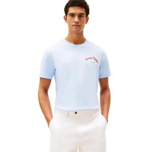 Tommy Hilfiger Mens Short Sleeve Cotton Graphic T-Shirts with Printed Arched Back Graphic(Sweet Blue)