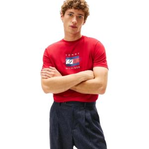 Tommy Hilfiger Mens Short Sleeve Cotton Graphic T-Shirts with Printed Linear Flag Logo Designs(Medium Red)