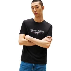 Tommy Hilfiger Mens Short Sleeve Cotton Graphic T-Shirts with Printed Logo(Black)