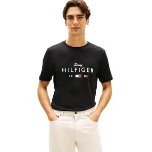 Tommy Hilfiger Mens Short Sleeve Cotton Graphic T-Shirts with Printed Script and Flag Logo(Black)