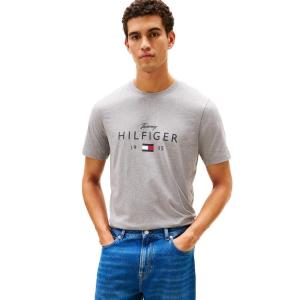 Tommy Hilfiger Mens Short Sleeve Cotton Graphic T-Shirts with Printed Script and Flag Logo(Medium Grey Heather)