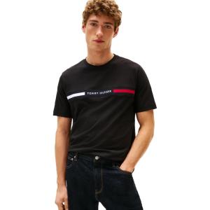 Tommy Hilfiger Mens Short Sleeve Cotton Graphic T-Shirts with Signature Stripe Logo, Also Available in Big & Tall(Black)