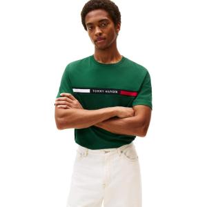 Tommy Hilfiger Mens Short Sleeve Cotton Graphic T-Shirts with Signature Stripe Logo, Also Available in Big & Tall(Ornamental Green)