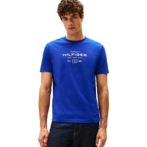 Tommy Hilfiger Mens Short Sleeve Cotton Graphic T-Shirts with Stacked Logo Designs(Wedge Blue)