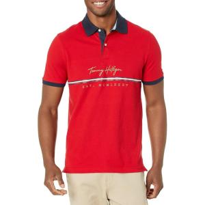 Tommy Hilfiger Men’s Short Sleeve Cotton Pique Flag Graphic Polo Shirt in Custom Fit(Classic Red)