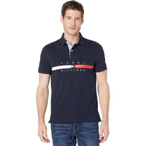 Tommy Hilfiger Men’s Short Sleeve Cotton Pique Flag Graphic Polo Shirt in Custom Fit(Sky Captain)