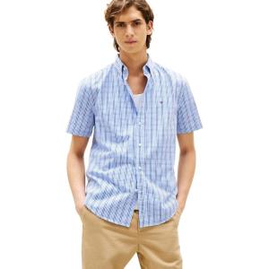 Tommy Hilfiger Mens Short Sleeve Oxford Shirts in Regular Fit, Men’s Button Down Shirts(Wedge Blue / Multi Check)