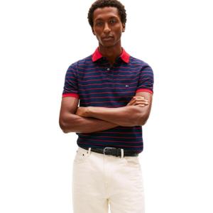 Tommy Hilfiger Mens Short Sleeve Polo Shirts in Regular Fit with Stretch and Organic Pique Cotton(Dark Night Navy / Medium Red)