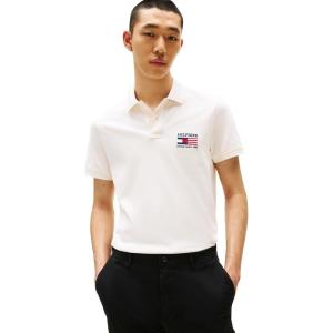 Tommy Hilfiger Mens Short Sleeve Polo Shirts in Regular Fit with Stretch and Organic Pique Cotton(Ivory Petal / Flag Embroidered)