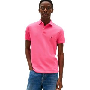 Tommy Hilfiger Mens Short Sleeve Polo Shirts in Regular Fit with Stretch and Organic Pique Cotton(Pink Alert)