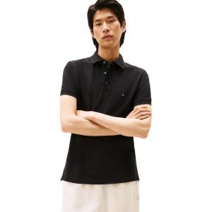 Tommy Hilfiger Mens Short Sleeve Polo Shirts in Slim Fit with Stretch and Organic Pique Cotton(Black)