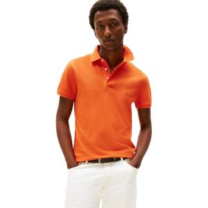 Tommy Hilfiger Mens Short Sleeve Polo Shirts in Slim Fit with Stretch and Organic Pique Cotton(Brilliant Orange)
