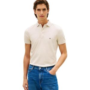 Tommy Hilfiger Mens Short Sleeve Polo Shirts in Slim Fit with Stretch and Organic Pique Cotton(Heathered Oatmilk)