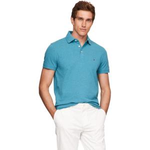 Tommy Hilfiger Mens Short Sleeve Polo Shirts in Slim Fit with Stretch and Organic Pique Cotton(Midnight Turquoise Heather)