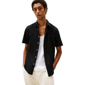Tommy Hilfiger Mens Short Sleeve Poplin Shirts in Regular Fit, Men’s Button Down Shirts(Black)