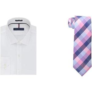Tommy Hilfiger Men’s Slim Fit Non Iron Solid Dress Shirt(White/Pink Shirt Tie Combo)