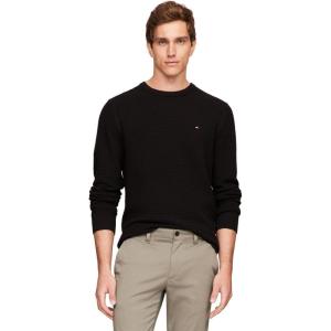 Tommy Hilfiger Mens Textured Waffle Knit Crewneck Sweater Lightweight Pullover, Available in Big & Tall(Black)