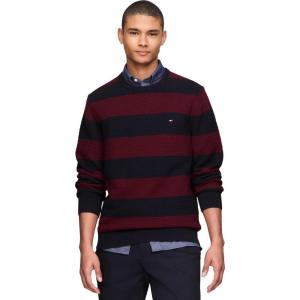 Tommy Hilfiger Mens Textured Waffle Knit Crewneck Sweater Lightweight Pullover, Available in Big & Tall(Desert Sky / Deep Rouge)