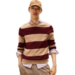 Tommy Hilfiger mens Lambswool Crewneck Sweater Pullover(Safari Canvas Heather/Deep Burgundy Heather)