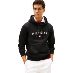 Tommy Hilfiger mens Medium Weight Cotton Hoodie Sweatshirt With Printed Logo and Drawstring(Black)
