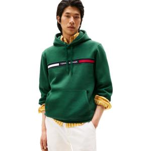 Tommy Hilfiger mens Medium Weight Fleece Hoodie Sweatshirt With Signature Stripe Logo(Ornamental Green)