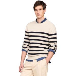 Tommy Hilfiger mens Waffle Knit Crewneck Sweater Lightweight Pullover, Also Available in Big & Tall(Oatmilk Htr / Desert Sky)