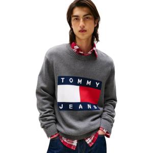 Tommy Jeans Mens Medium Weight Crewneck Sweater with Flag Logo(Black Heather)