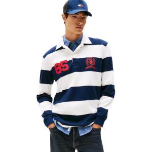 Tommy Jeans Men’s Striped Lightweight Rugby Polo Shirt with Crest Logo(Dark Night Navy Stripe)