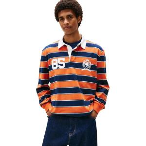 Tommy Jeans Men’s Striped Lightweight Rugby Polo Shirt with Crest Logo(Voyager Orange Stripe)