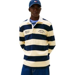 Tommy Jeans Mens Striped Lightweight Rugby Polo Shirt with Embroidered Logo(Citronella Stripe)