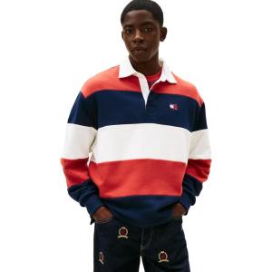 Tommy Jeans Mens Striped Medium Weight Rugby Polo with Embroidered Logo(Dark Night Navy / Terracotta Red / Ecru)