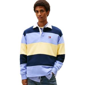 Tommy Jeans Mens Striped Medium Weight Rugby Polo with Embroidered Logo(Dark Night Navy/Nordic Iris/Citronella)