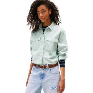 Tommy Jeans Womens Crop Cotton Shirt with Embroidered Crest Detail(Cloudy Jade)