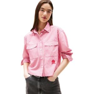 Tommy Jeans Womens Crop Cotton Shirt with Embroidered Crest Detail(Vintage Cerise)