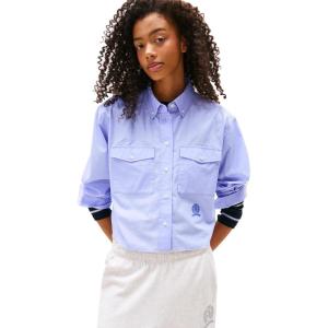 Tommy Jeans Womens Crop Cotton Shirt with Embroidered Crest Detail(Vintage Iris)