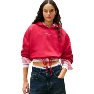 Tommy Jeans Women’s Medium Weight Cropped Hoodies with Rhinestone Logo Detail(Ruby Rhubarb)