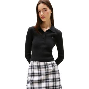Tommy Jeans Women’s Medium Weight Long Sleeve Sweater Polo with Embroidered Flag Logo(Black)