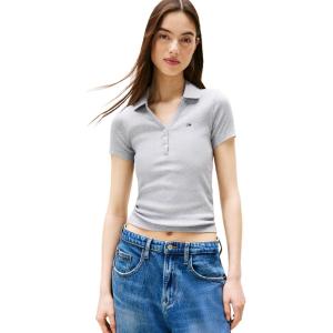 Tommy Jeans Womens Short Sleeve V Neck Polo Shirt with Ribbed Knit Design(Grey Heather)