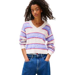 Tommy Jeans Womens Striped Pullover V-Neck Sweater with Logo Print(Ancient White / Stripe)