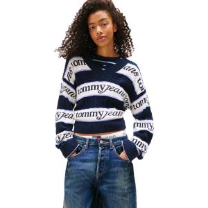 Tommy Jeans Womens Striped Pullover V-Neck Sweater with Logo Print(Dark Night Navy / Stripe)