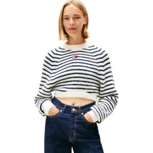 Tommy Jeans Women’s Wool Blend Pullover Crewneck Sweater with Embroidered Flag Logo(Ancient White / Stripe)