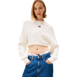 Tommy Jeans Women’s Wool Blend Pullover Crewneck Sweater with Embroidered Flag Logo(Ancient White)