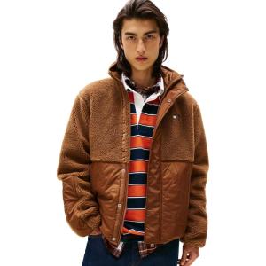 Tommy Jeans mens Lightweight Mixed Teddy Jacket With Embroidered Logo(Pecan Nut)