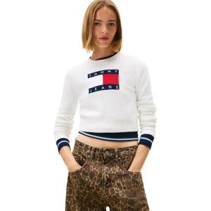 Tommy Jeans womens Long Sleeve Pullover Crewneck Sweater With Big Flag Logo and Sparkle Detail(Ancient White)