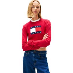 Tommy Jeans womens Long Sleeve Pullover Crewneck Sweater With Big Flag Logo and Sparkle Detail(Ruby Rhubarb)