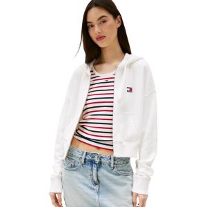 Tommy Jeans womens Medium Weight Cropped Zip Hoodie With Embroidered Flag Logo(Ecru)