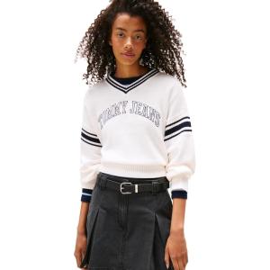 Tommy Jeans womens Medium Weight Pullover V-neck Sweater With Printed Logo(Ancient White)